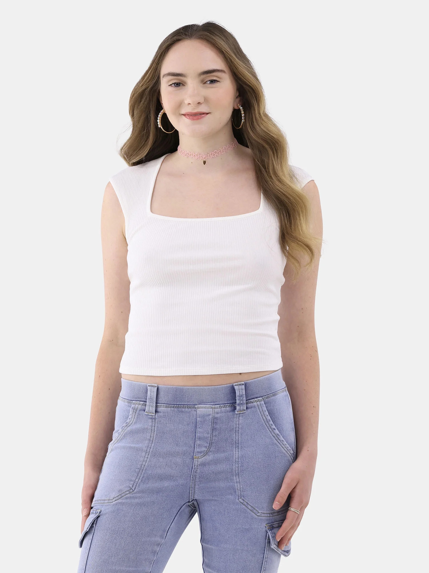 No Boundaries Ribbed Square Neck Top, Women’s | Walmart (US)