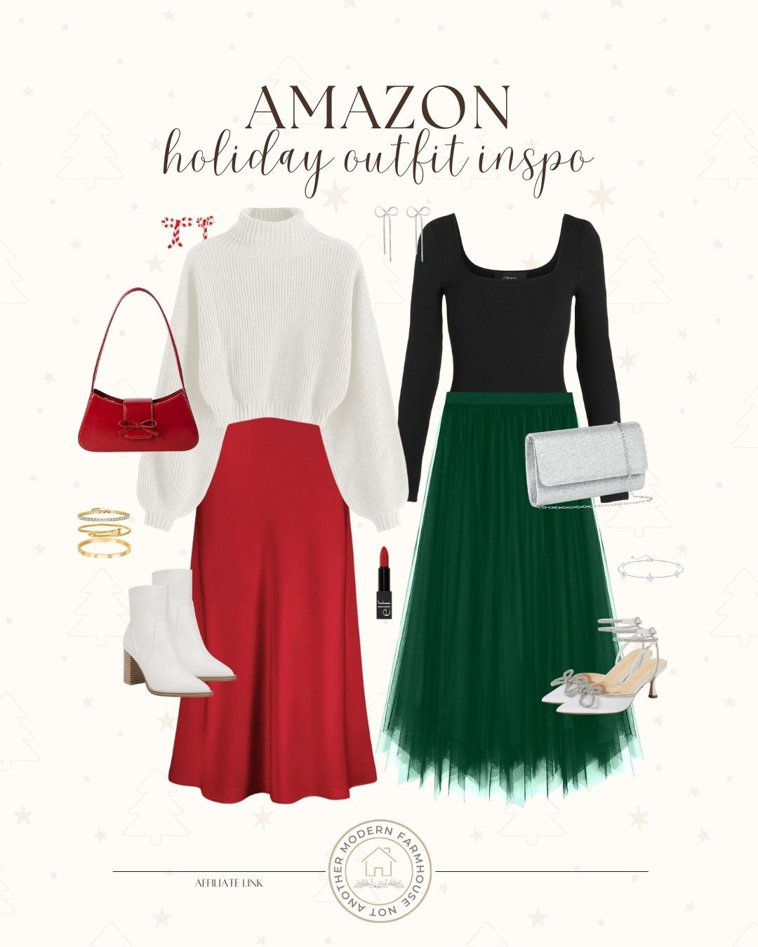 Holiday outfit inspo all from Amazon! ✨ Red and green maxi skirt, satin, tulle, sweater, holiday styled look, Christmas colors, holiday event, affordable women's fashion, Amazon clothing.
 

 #LTKHoliday #LTKootd #LTKSeasonal