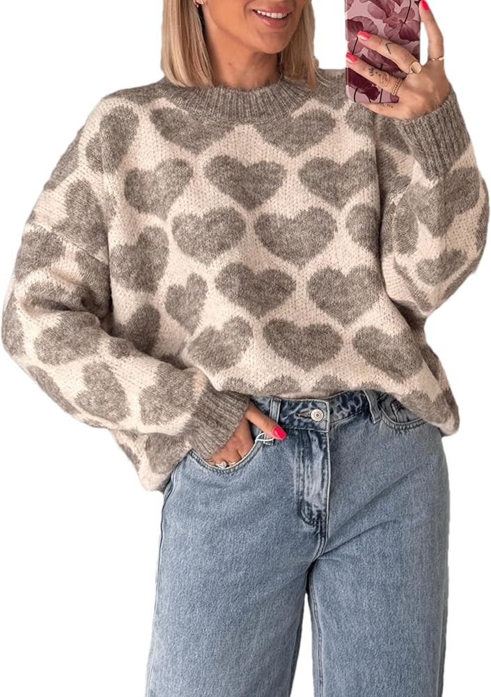 Women's Cozy Oversized Knit Sweater Heart Pattern Soft Warm Pullover Casual Wear | Amazon (US)