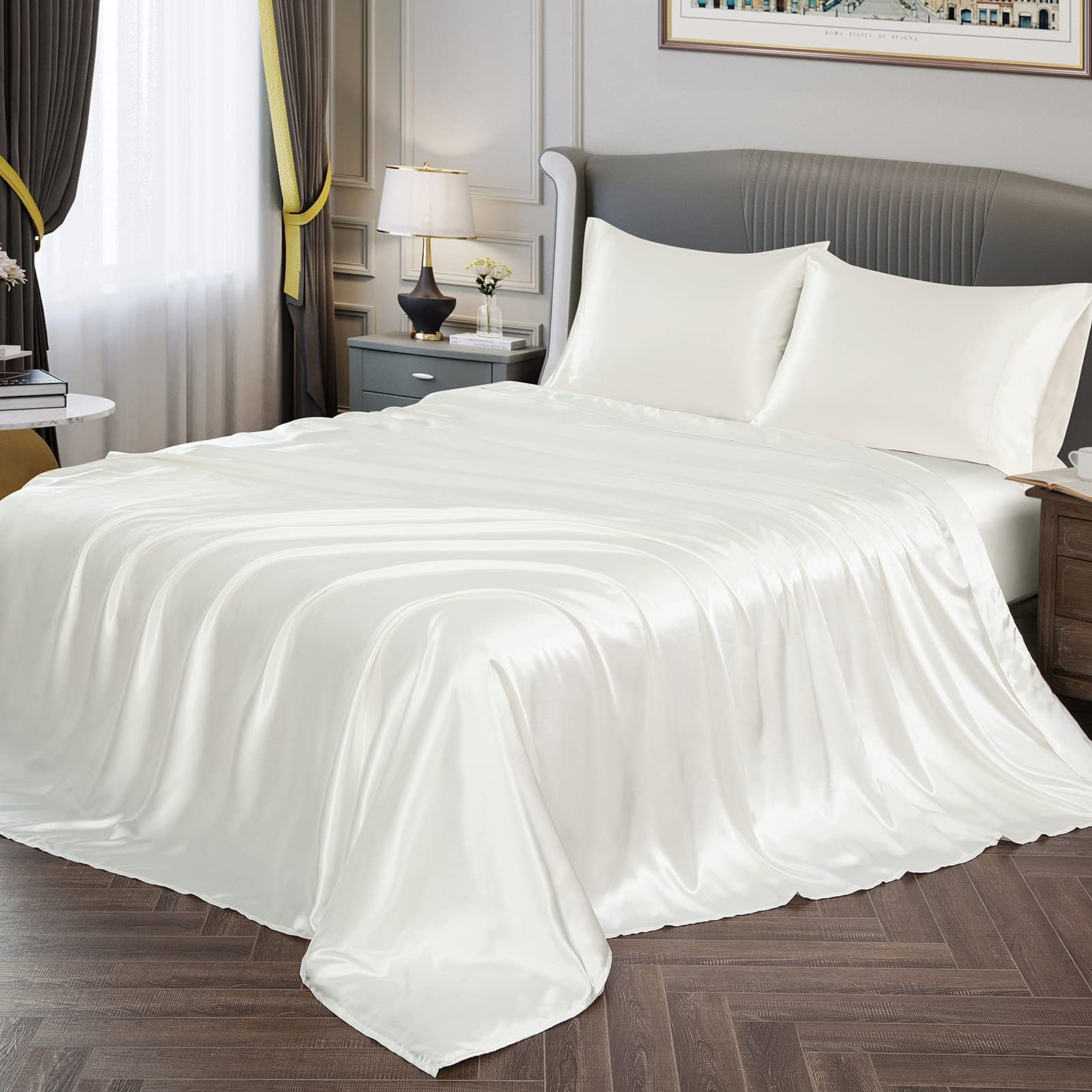 Vonty Satin Sheets Full Size Silky Soft Satin Bed Sheets Ivory White Sheet Set, 1 Deep Pocket Fit... | Amazon (US)