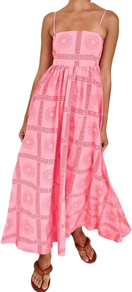 Women Sleeveless Backless Long Dress High Waist Print Maxi Dress Spaghetti Straps Boho Flowy Dres... | Amazon (US)