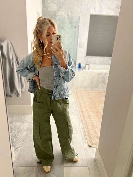 Cutest cargo pants and tube bodysuit on sale! Obsessed with this swing denim jacket and found my adidas sneakers and linked  travel outfit airplane outfit ideas 

#LTKfindsunder50 #LTKtravel #LTKSpringSale