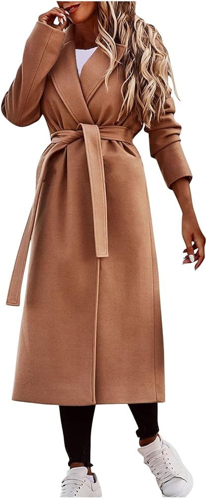 HTHLVMD Women's Lapel Coat Open Front Cardigan Winter Casual Wool Coat Jackets with Belt | Amazon (US)