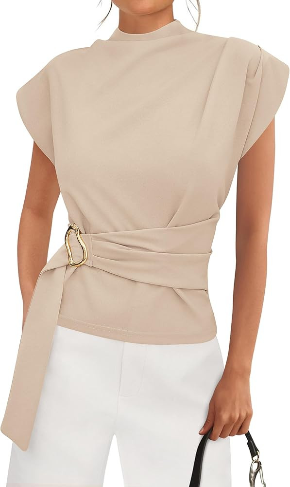 PRETTYGARDEN Women Blouses Spring Dressy Cap Sleeve Mock Neck Work Shirts Buckle Tunic Summer Bus... | Amazon (US)