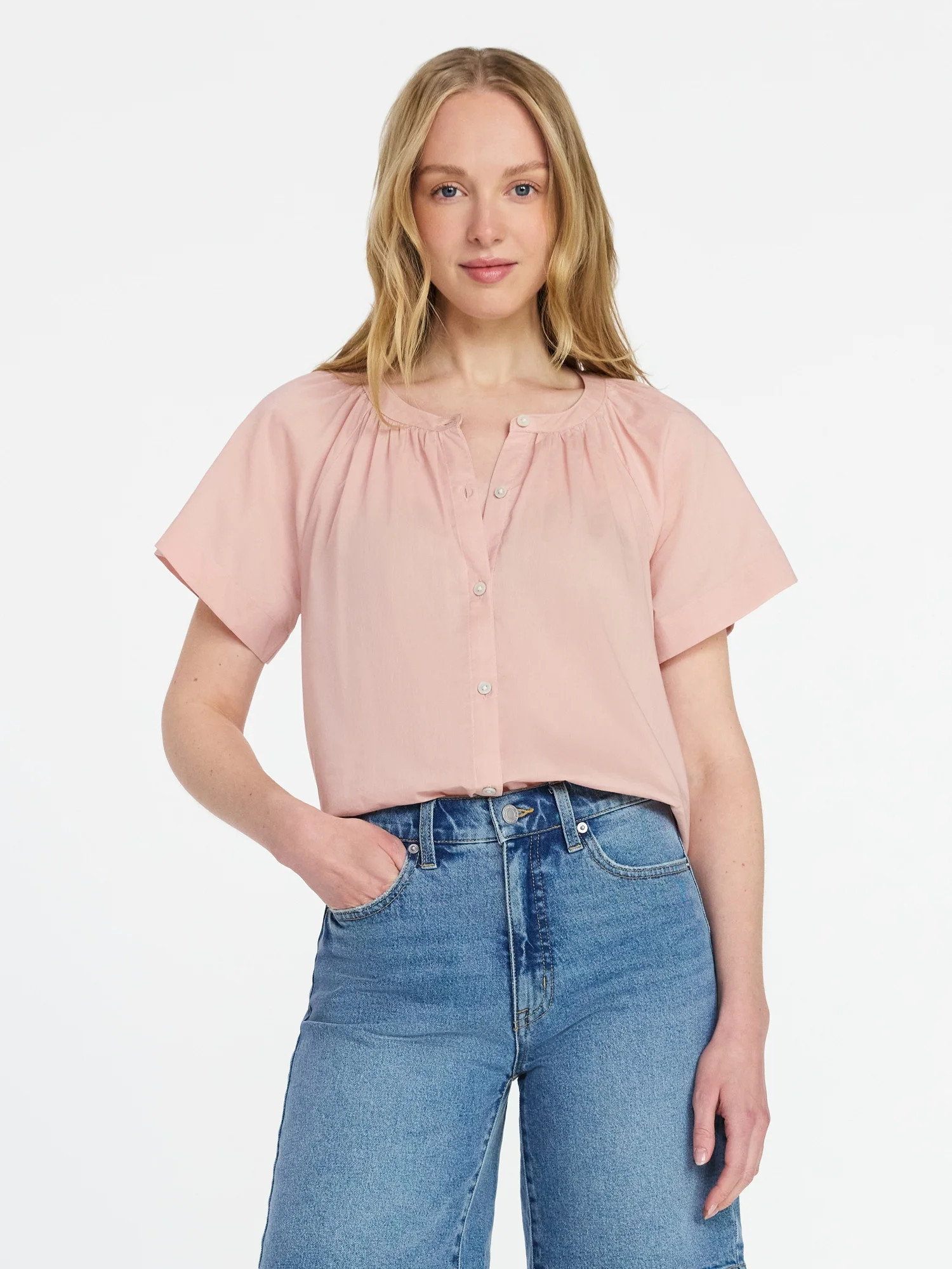 Time and Tru Women's Cotton Button Up Blouse with Short Sleeves, Sizes XS-XXXL | Walmart (US)