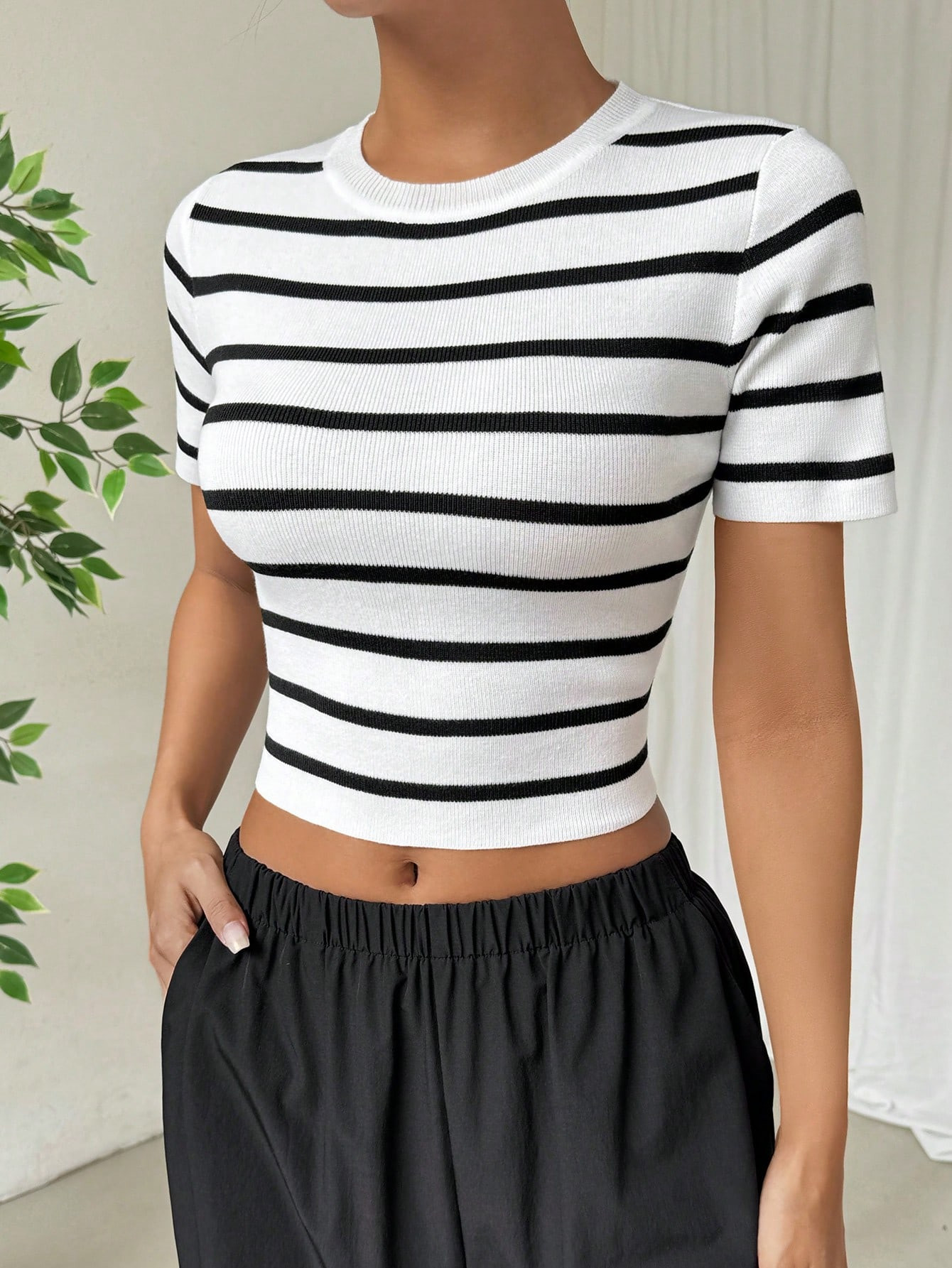 SHEIN EZwear Women's Striped Short Sleeve Knitted T-Shirt | SHEIN USA | SHEIN