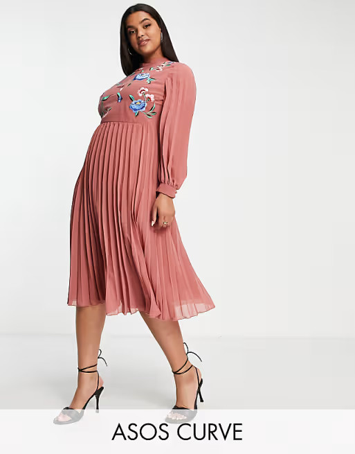 ASOS DESIGN Curve high neck pleated long sleeve skater midi dress with embroidery in tea rose | ASOS (Global)