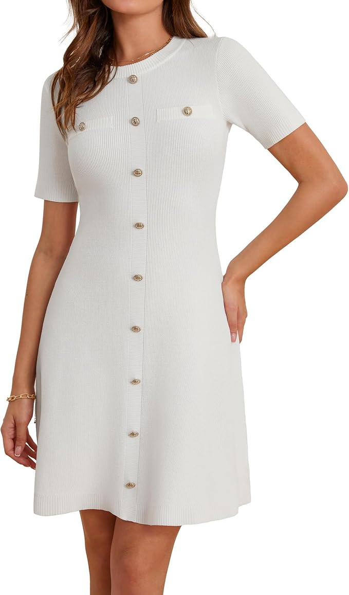 GRACE KARIN Womens 2025 Ribbed Knit Tweed Dresses Short Sleeve Crewneck A Line Mini Sweater Dress... | Amazon (US)