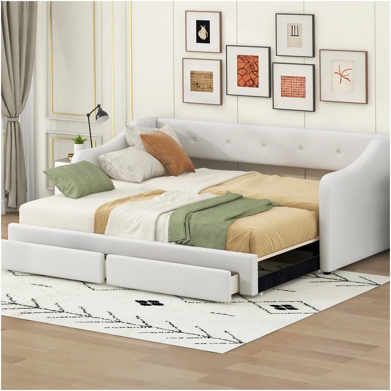 Twin XL to King Convertible Upholstered Daybed with Storage Drawers, Beige Sofa Bed | Walmart (US)