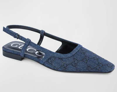 Gucci Demi GG Logo Denim Blue Black Crystal Slingback Ballerina Ballet Flat 36  | eBay | eBay US