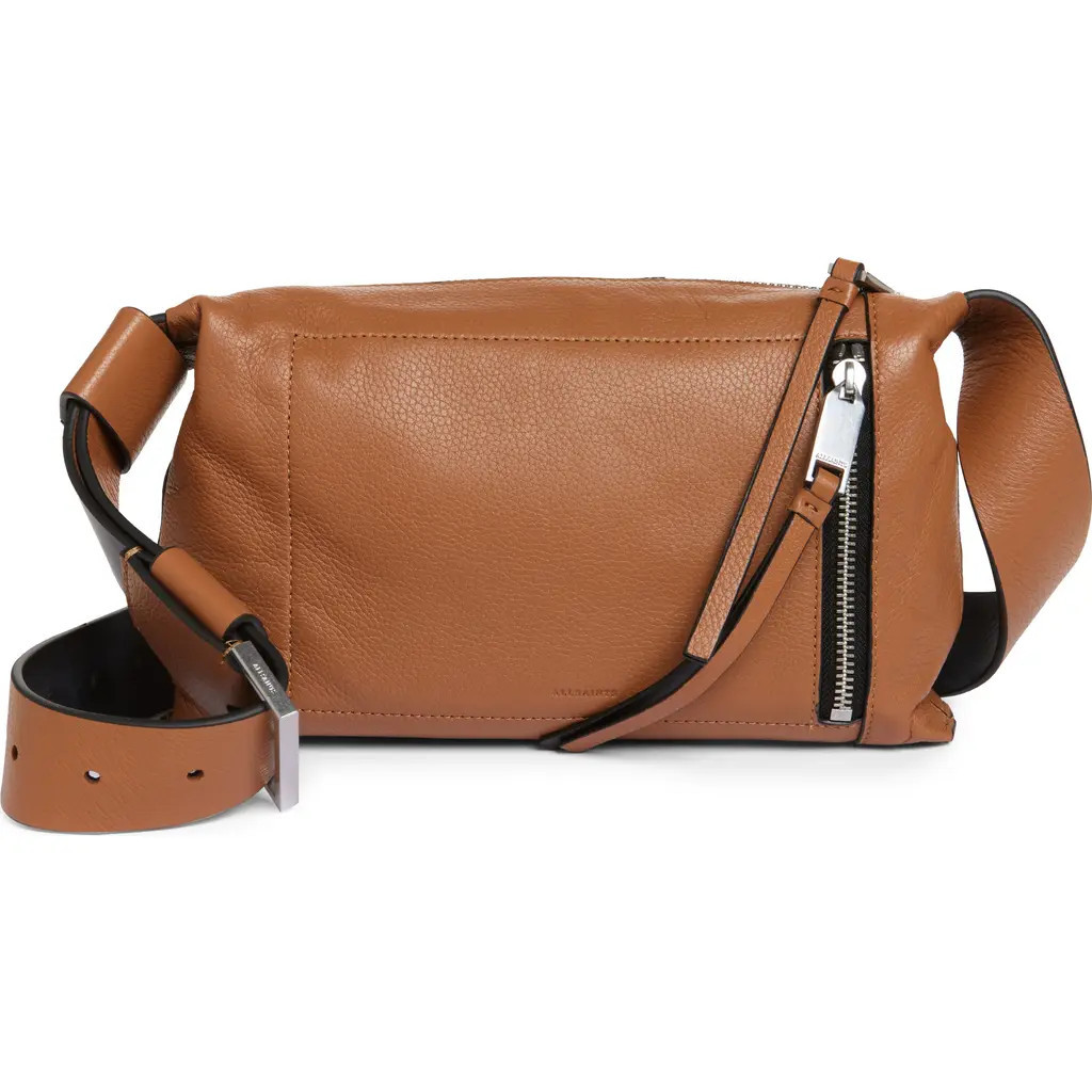 AllSaints Small Alba Zip Leather Crossbody Bag in Acetone Tan Brown at Nordstrom | Nordstrom