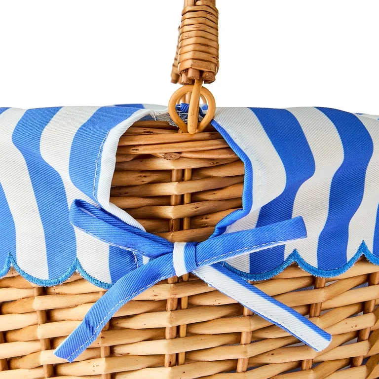 Round Willow Basket with Scalloped Stripe Liner, Natural Brown/Blue/White, 11.5" x 8", Easter by ... | Walmart (US)