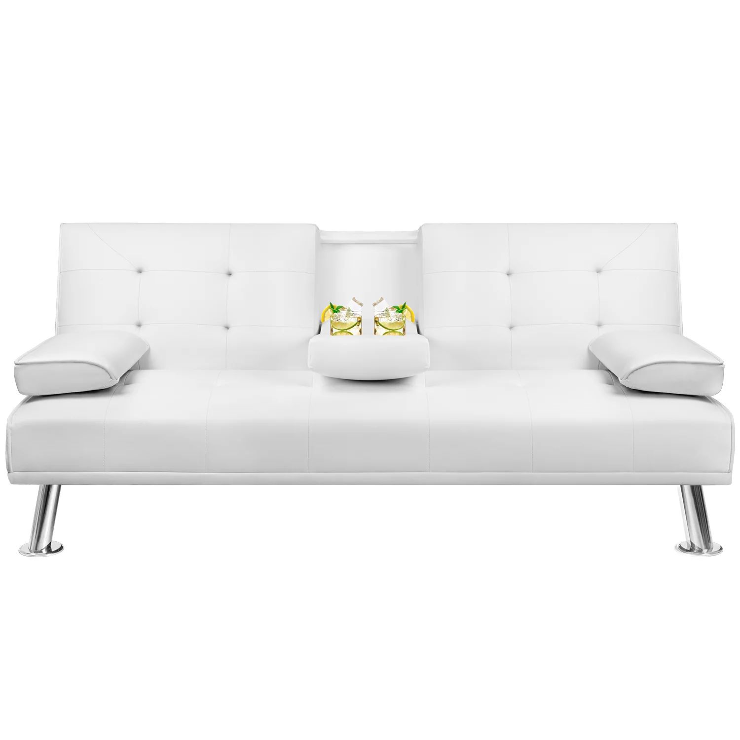 Walnew Modern PU Leather Convertible Futon with Cupholders & Pillows, White | Walmart (US)
