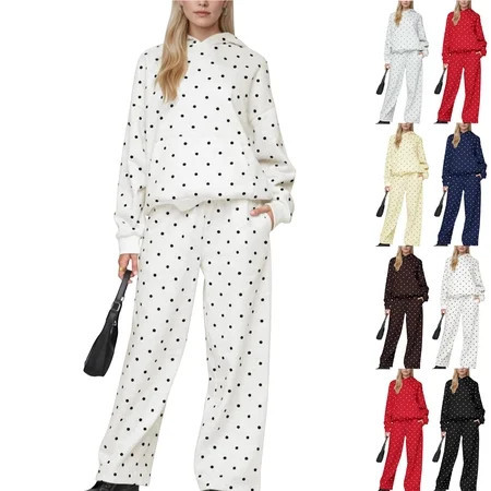 Polka Dot Set 2 Piece Sets for Women Oversized Hoodies Straight Leg Sweatpants Sweatsuits Hooded Sweatshirt Lounge Fall Outfits White S | Walmart (US)