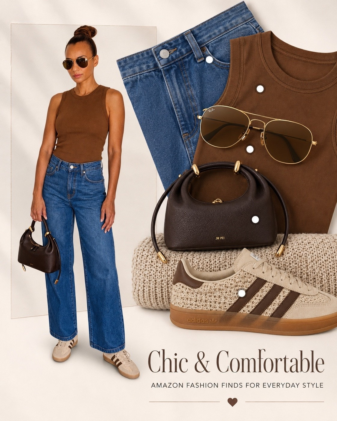 Easy everyday style 🤎 A fitted brown tank, wide-leg denim, neutral sneakers, sunnies, and the perfect chocolate bag. Simple, polished, and so easy to wear on repeat. Shop the look below ✨ #AmazonFashion #LTKStyle #EverydayStyle #CasualChic #DenimStyle #AmazonFinds
@amazonfindsandfashion

#LTKootd #LTKOver40