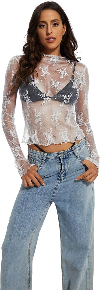 PICPUNMAK Women See Through Floral Embroidery Long Sleeve T Shirt Sexy Mesh Sheer Mock Neck Layer... | Amazon (CA)