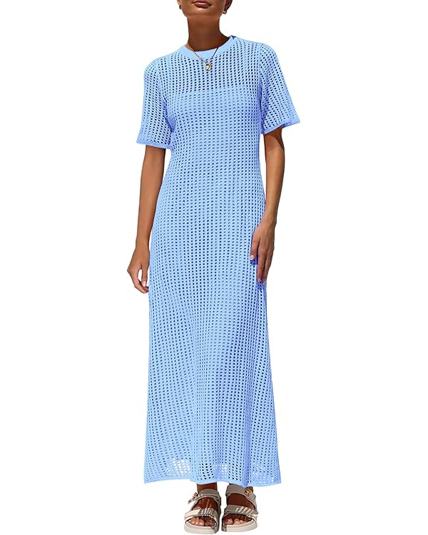 PRETTYGARDEN Womens Eyelet Cover Up Dress 2025 Summer Vacation Resort Maxi Dresses Beach Short Sl... | Amazon (US)