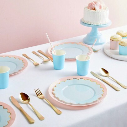 50-Pack Baby Blue Disposable Plates - Scalloped Plastic Plates With Gold Foil Rim For Birthday Party, Baby Shower (9 In), For Christmas Party | SHEIN