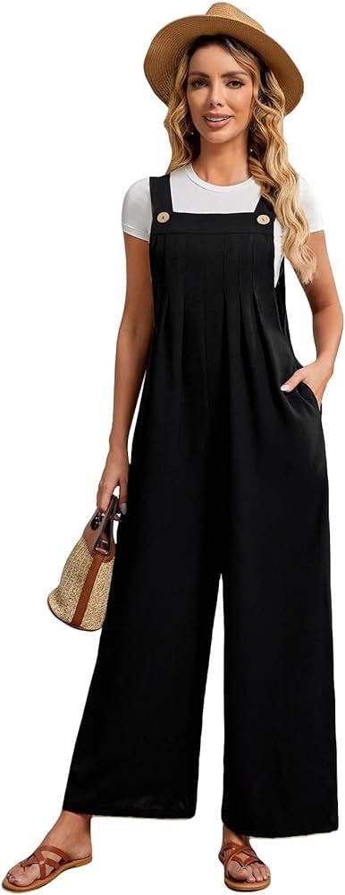 OYOANGLE Women's Sleeveless Button Pleated Wide Leg Jumpsuit Long Pants Overalls with Pockets Jum... | Amazon (US)