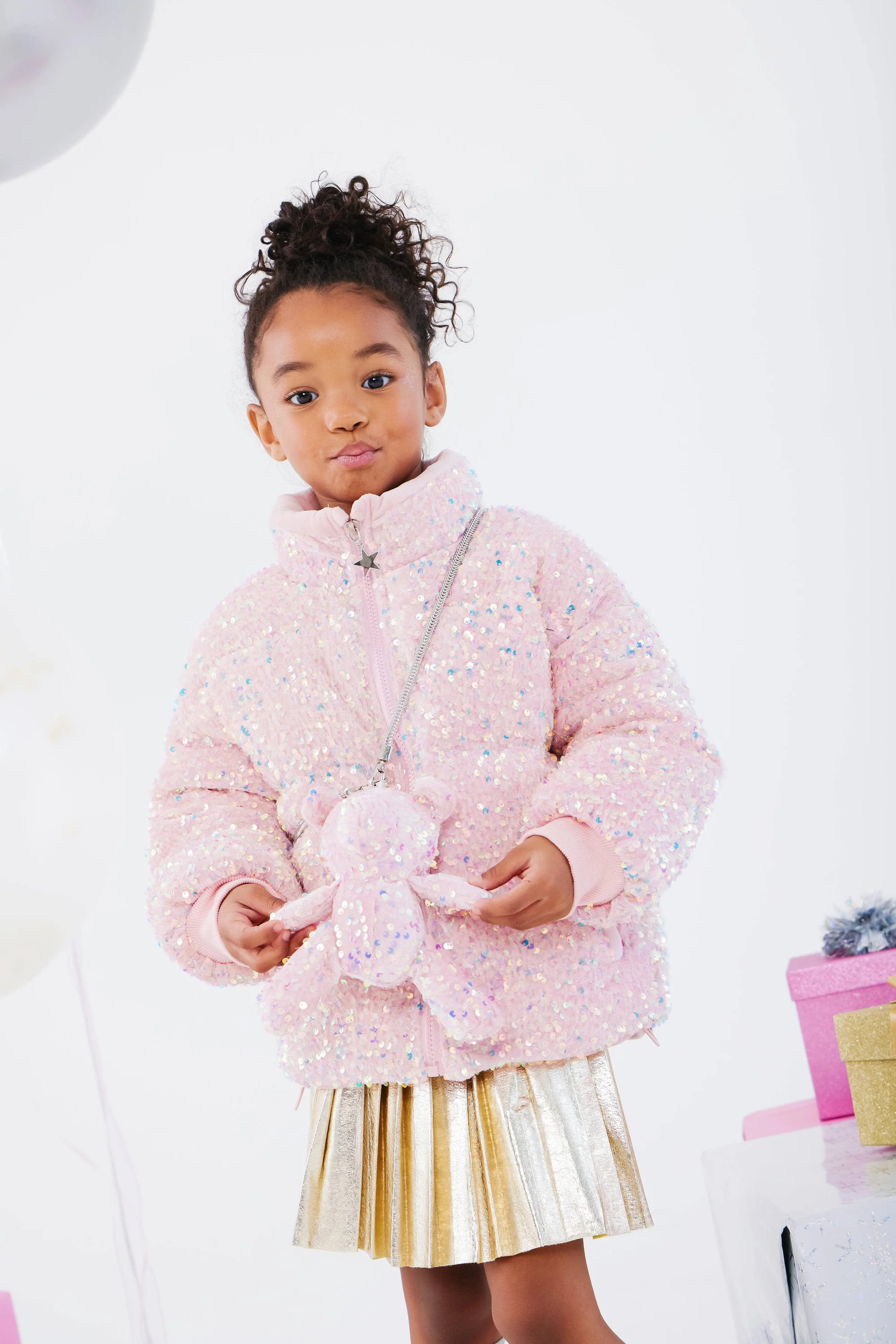 Pink Sequin Puffer Coat With Bear Purse | Lola + The Boys