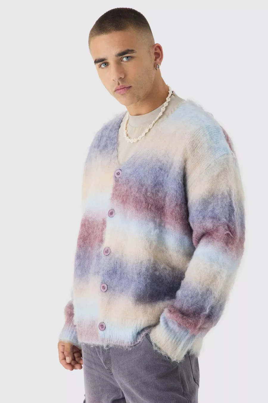 Oversized Boxy Brushed Ombre Stripe Knitted Cardigan | boohoo (US & Canada)