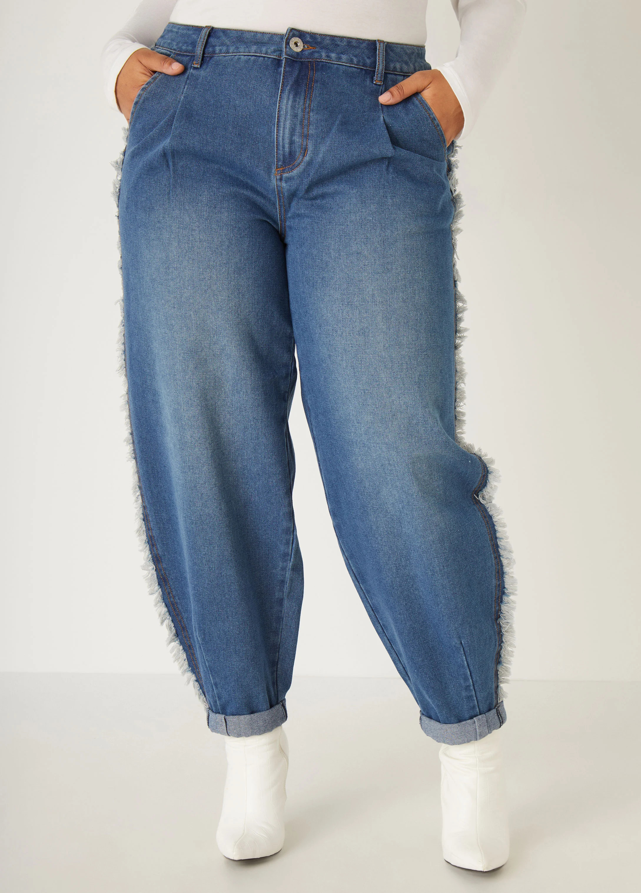 Plus Size Mid Rise Frayed Barrel Jeans, BLUE, 26 - Ashley Stewart | Ashley Stewart