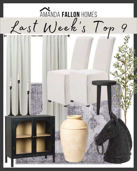Home decor favorites.

Ivory dining chairs. RH dupe. Blackout curtains. Linen drapes. Black arch cabinet. Black nightstands. Black taper candle holders. Iron candle holders. Wooden stool. Faux olive tree. Tall fake  tree. Horse head. Horse sculpture. Washable area rug. Terracotta vase. Transitional home decor. Neutral home decor.

#LTKhome #LTKFind #LTKunder100