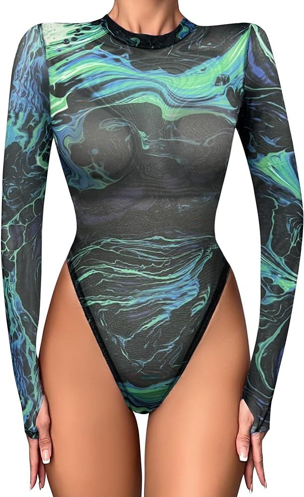 Women Rave Outfit Sexy Mesh Teddy Lingerie Bodysuit Tie Dye Mock Neck Long Sleeves Body Suit Tops | Amazon (US)