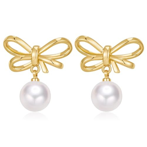 ENSKEFEN Gold Bow Pearl Drop Earrings for Women Dainty Pearl Ribbon Earrings Simple Bowknot Earrings | Amazon (US)