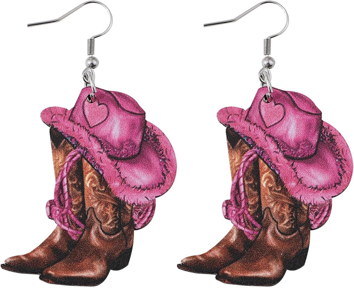 Pink Cowboy Cowgirl Hat Boots Earrings for Women Double-sided Wood Dangle Western Earrings Jewelr... | Amazon (US)
