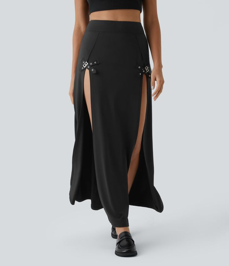 Women’s High Waisted Decorative Buckle Split 2-in-1 Maxi Casual Skirt - Halara | HALARA