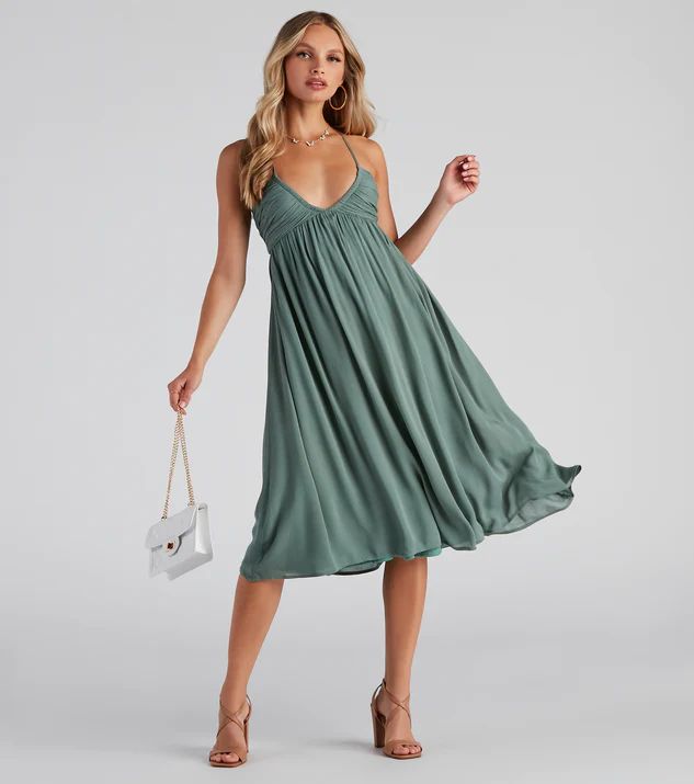 Palisades Ruched V-Neck Midi Dress | Windsor Stores