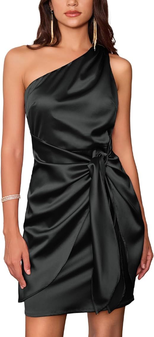 GRACE KARIN Women Satin Dress Cocktail One Shoulder Sleeveless Bodycon Tie Waist Party Mini Dress... | Amazon (US)