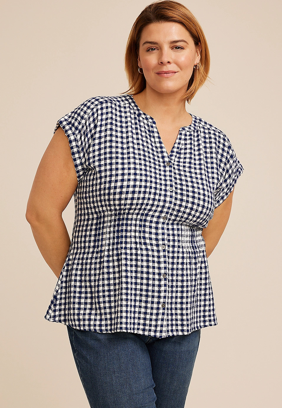 Plus Size Blue Gingham Cinched Waist Button Down Shirt | Maurices