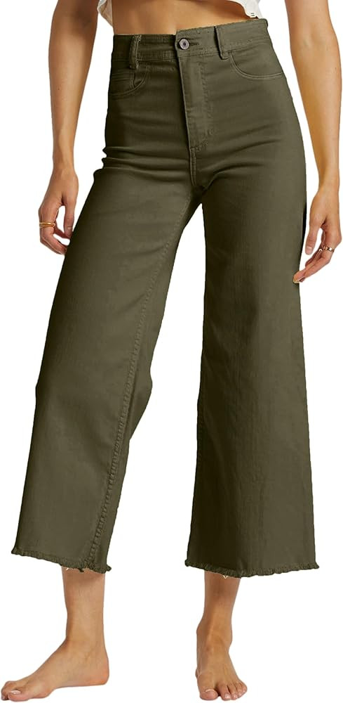 Allimy Women's High Waisted Straight Ankle Wide Leg Ripped Jeans Frayed Hem Stretchy Capri Denim ... | Amazon (US)