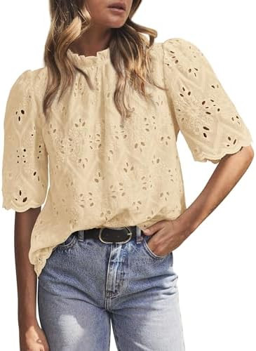 PRETTYGARDEN Summer Tops for Women 2026 Short Sleeve Embroidered Eyelet Shirts Dressy Casual Blou... | Amazon (US)