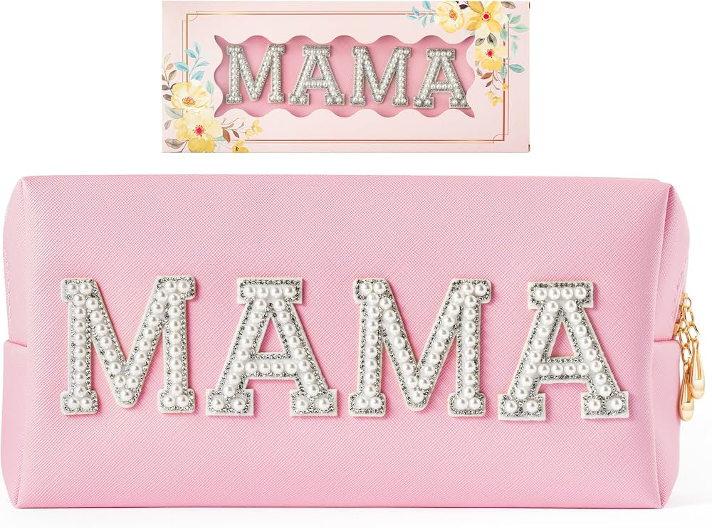 Y1tvei Preppy Patch MAMA Pearl Rhinestone Letter Cosmetic Toiletry Bag PU Leather Portable Makeup... | Amazon (US)