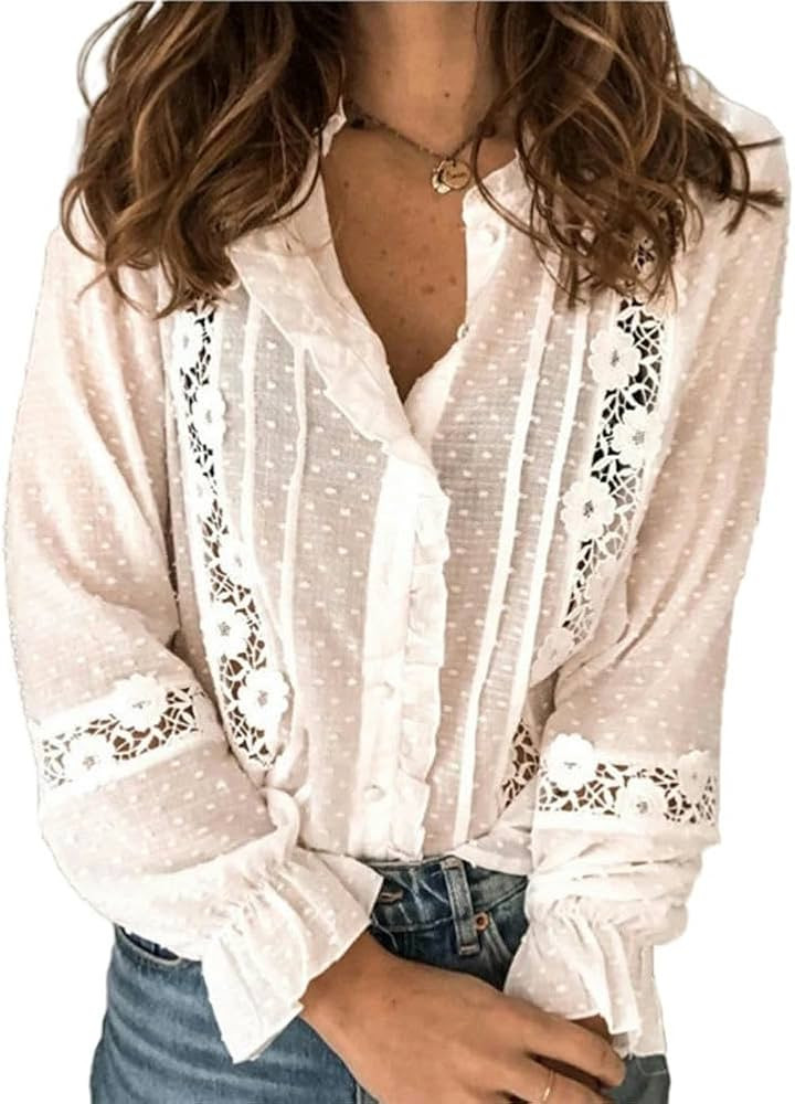 Long Sleeve Shirts for Women Women Blouse Ruffles Shirt V Neck Flare Long Sleeve Hollow Out Tops ... | Amazon (US)