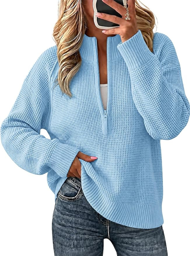 Fisoew Womens Quarter Zip Pullover Sweaters Waffle Knit Long Sleeve Tops | Amazon (US)