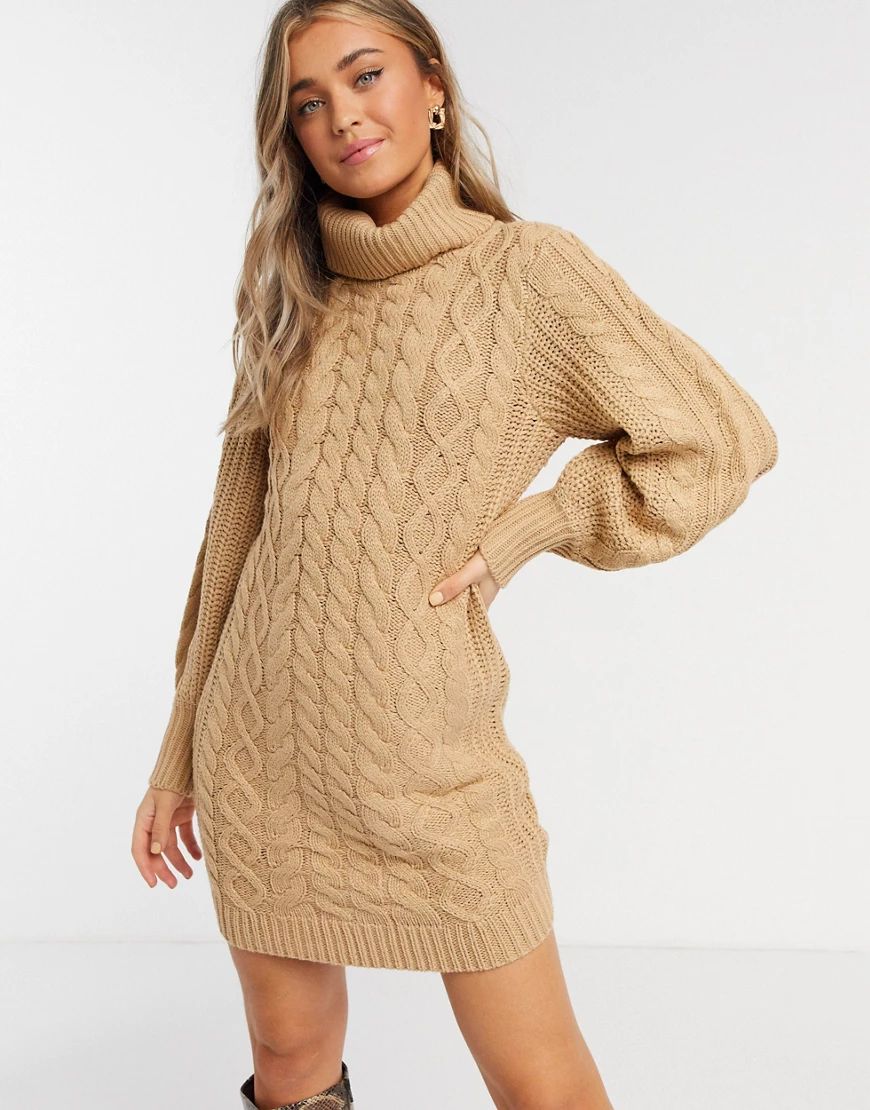 Brave Soul zincon cable knit sweater dress with balloon sleeves-Brown | ASOS (Global)