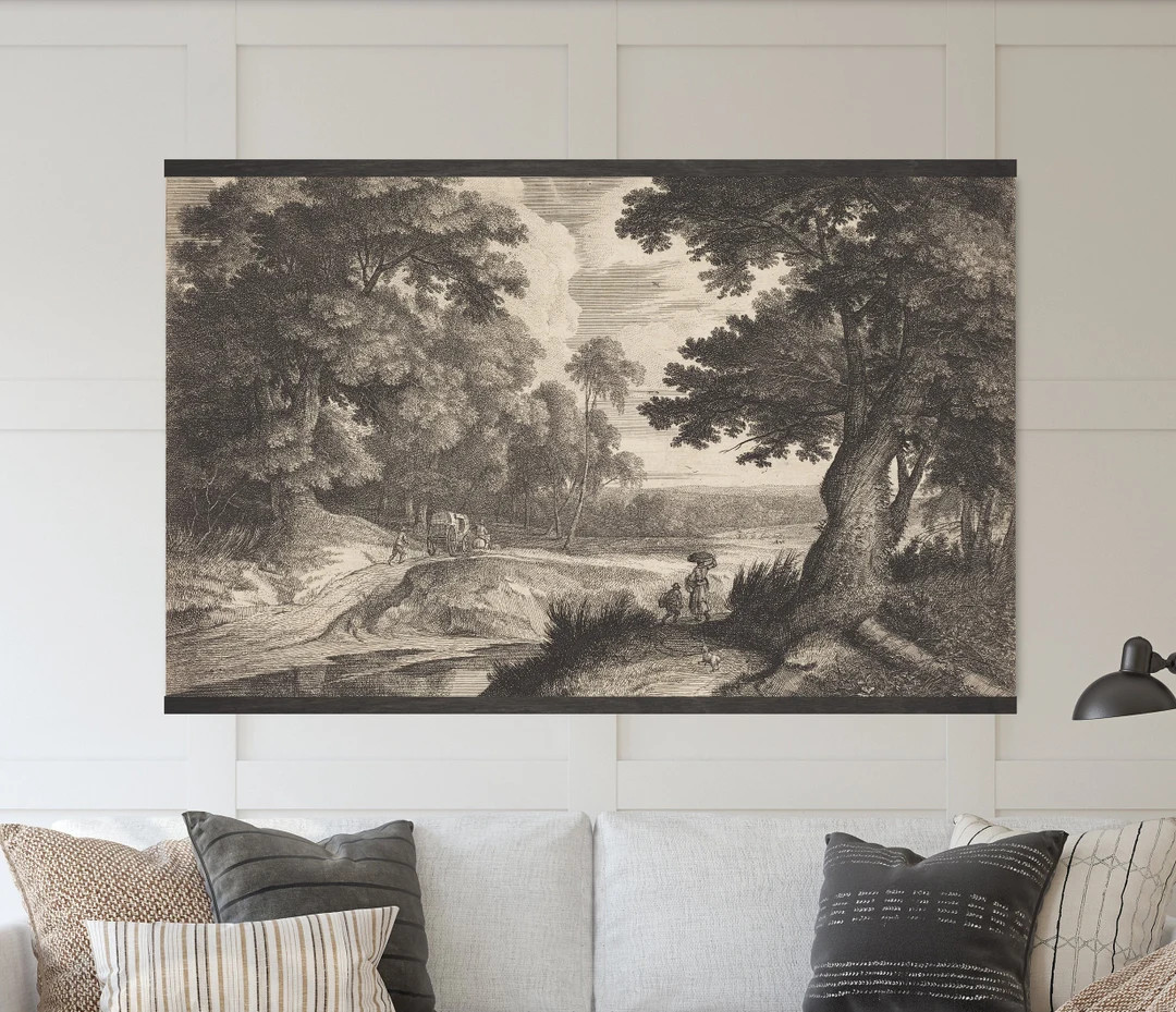 Moody Vintage Drawing Landscape Tapestry Wall Hanging Travelers on a Road Thru the Woods, Canvas ... | Etsy (US)