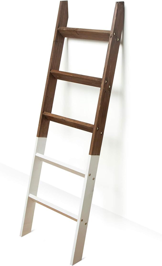 Blanket Ladder 5 ft. Wood Rustic Decorative Quilt Ladder. White Dipped Brown Two Toned Vintage Wo... | Amazon (US)