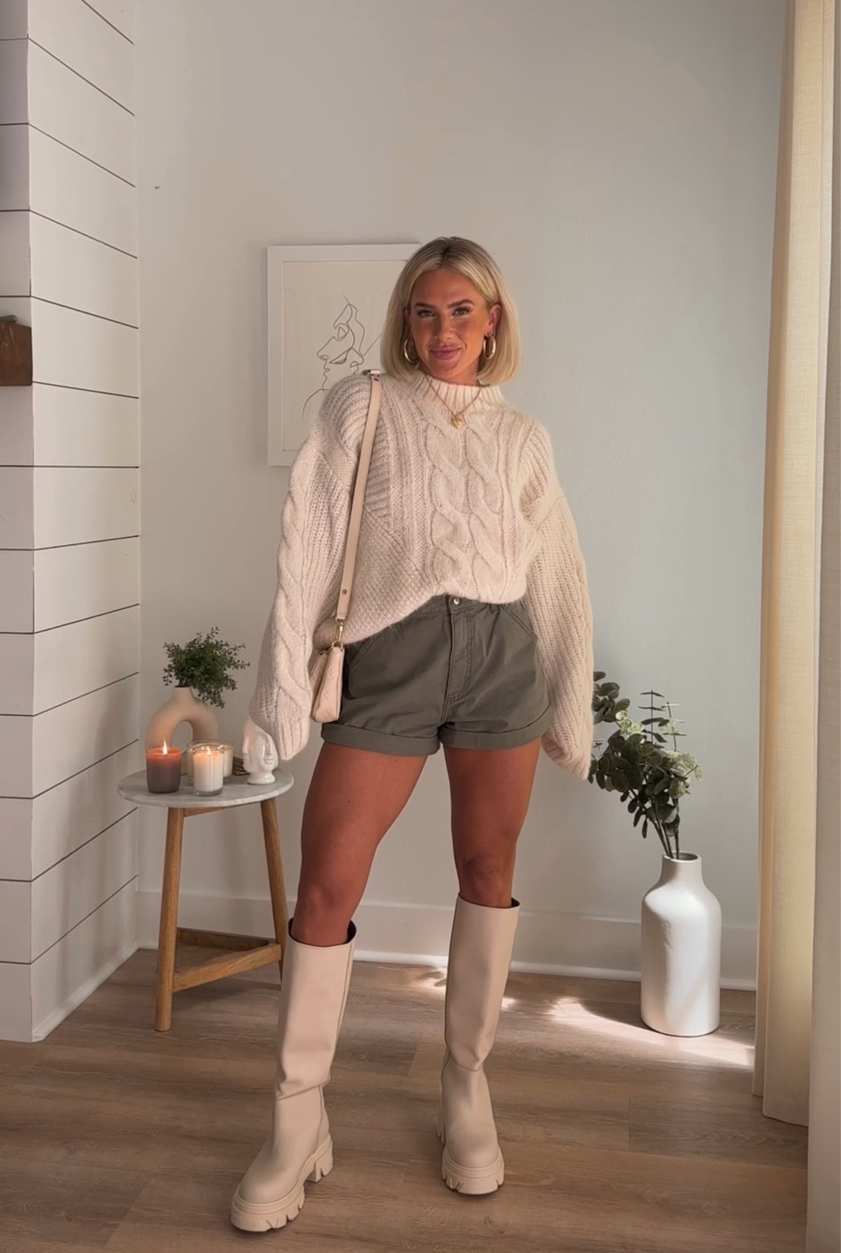 Look #1 from my fall fashion reel on IG 💞 a cable knit sweater paired with shorts & a tall boot is good for a warm autumn day which it’s warm until Christmas where I am from 🤪 
#LTKFall

#LTKSeasonal #LTKfindsunder50