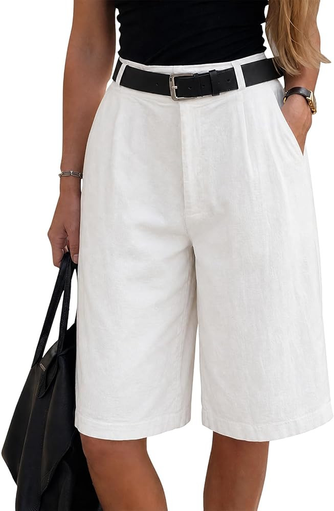 EXLURA Women Bermuda Shorts Knee Length Cotton Faux Linen Shorts Work Office Outfits Summer Beach... | Amazon (US)