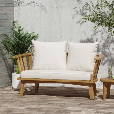Outdoor Wooden Loveseat With Cushions - White/Teak - 55.50" W X 27.00" D X 25.50" H | Wayfair North America
