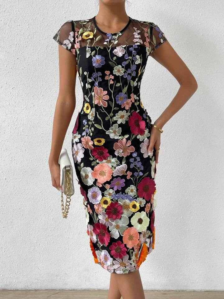 SHEIN Privé Floral Embroidery Contrast Mesh Dress | SHEIN