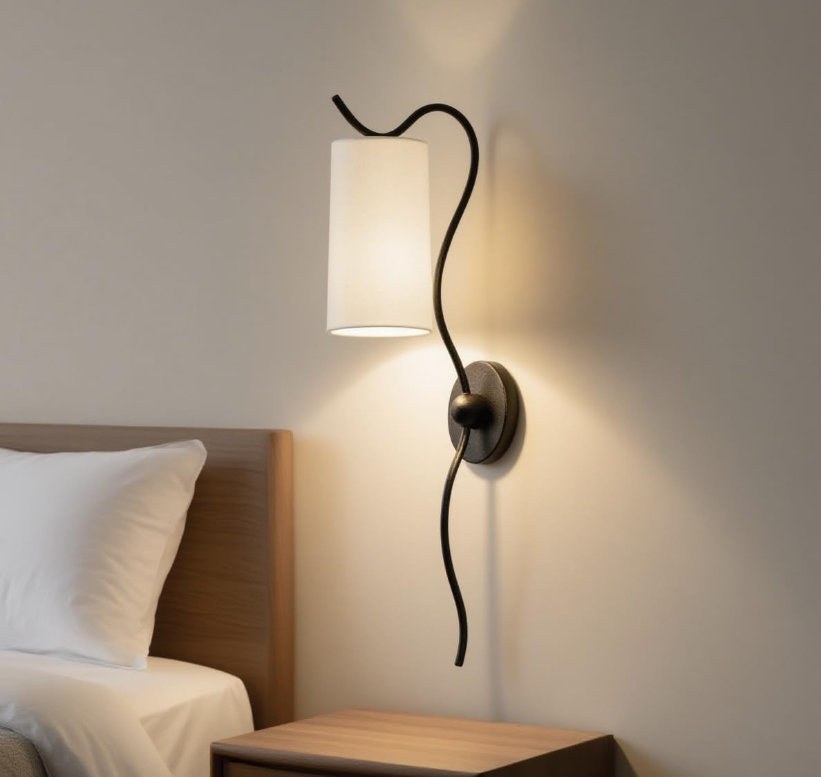 Artistic Wavy Arm Wall Sconce with Linen Drum Shade — Hand-Forged Iron Bedroom/Corridor Light f... | Amazon (US)