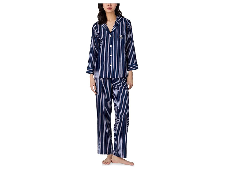 Lauren Ralph Lauren 3/4 Sleeve Notch Collar Ankle Pant Pj Set Women's Pajama Sets Navy Stripe : LG (US 12-14), Cotton/Viscose | Zappos