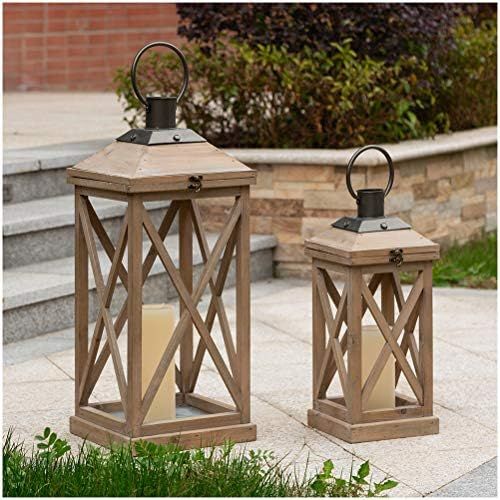 Glitzhome Mondern Farmhouse Wood Metal Lanterns Decorative Hanging Candle Lanterns Set of 2, Grey... | Amazon (US)