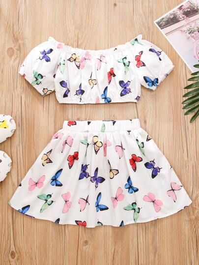 Toddler Girls Butterfly Print Bardot Top With Skirt | SHEIN
